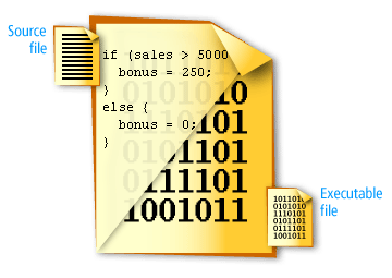 source code vs. executable machine code graphic