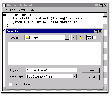 Screen shot of Save As dialog with "HelloWorld.java".